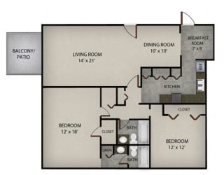 Floor Plan 2 Bedroom 2 Bath | 1352 SF.