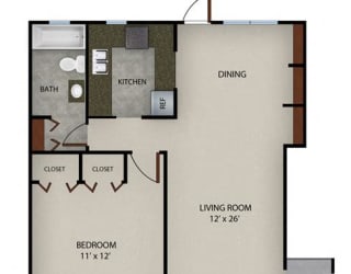 Floor Plan 1 Bedroom 1 Bath|750 SF.