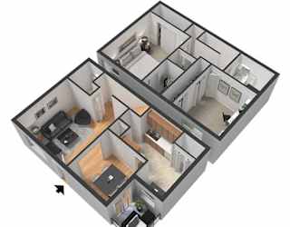 A 3D image of a house layout with a kitchen, living room, and bedrooms.
