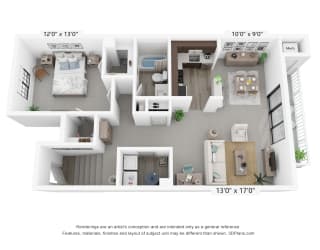 Floor Plan 1 Bedroom - A, F