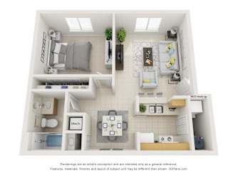 A 3D floor plan of a small apartment with a kitchen, living room, and bathroom.