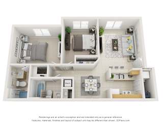 A floor plan of a small apartment with a kitchen, living room, and bathroom.
