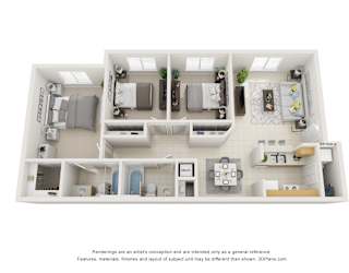 A 3D floor plan of a small apartment with a kitchen, living room, and bathroom.