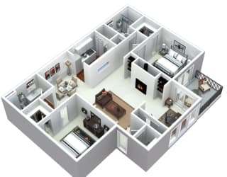 3-d 2 bedroom floor plan at Laurel Oaks, Raleigh, NC, 27613