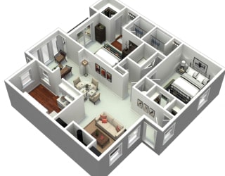 3D 2 bedroom floorplan at Laurel Oaks, North Carolina