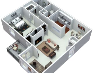 3D 1 bedroom floorplan at Laurel Oaks, Raleigh