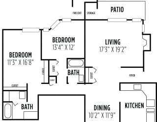 a floor plan of a home with two bedrooms and two bathrooms and a laundry room with a at Madison Glen Mills, Glen Mills, PA, 19342