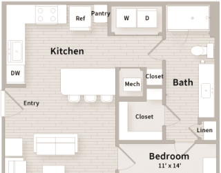 A1 floorplan which is a 1 bedroom, 1 bath apartment at The Parkway on Westlake, Texas, 77346