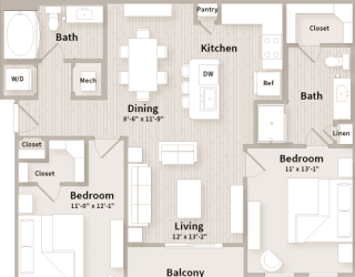 B1 floorplan which is a 2 bedroom, 2 bath apartment at The Parkway on Westlake, Humble, 77346