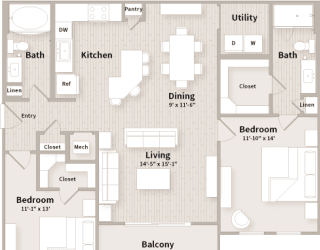 B2 floorplan which is a 2 bedroom, 2 bath apartment at The Parkway on Westlake, Humble, 77346