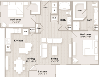 B3 floorplan which is a 2 bedroom, 2 bath apartment at The Parkway on Westlake, Humble, Texas
