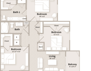 C1 floorplan which is a 3 bedroom, 2 bath apartment at The Parkway on Westlake, Humble, TX, 77346
