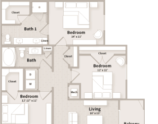 C2 floorplan which is a 3 bedroom, 2 bath apartment at The Parkway on Westlake, Humble, TX, 77346