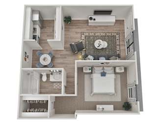 A top-down view of a small apartment with a kitchen, living room, and bathroom.