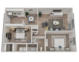 A 3D rendered image of a modern apartment layout.