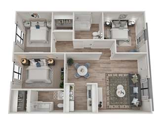 A top-down view of a modern, well-lit, and spacious apartment with two bedrooms, a living area, and a bathroom.