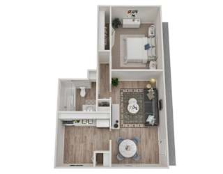 A top-down view of a small apartment with a kitchen, living room, and bathroom.