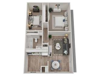 A top-down view of a small apartment with a kitchen, living room, and bathroom.