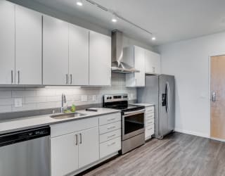 Spacious Kitchen with Grey Hardwood Style Flooring