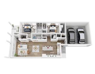 A floor plan of a house with a garage, kitchen, and living room.