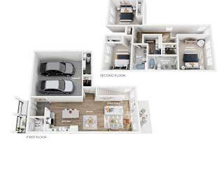 A diagram of a house showing the layout of the first and second floors.