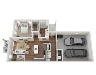 floor plan of a 1 bed 1 bath rental home with garage