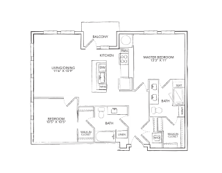 a floor plan of a two bedroom apartment with a bathroom and a closet