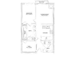 A floor plan for a 1 bedroom, 1.5 bath apartment at West End.