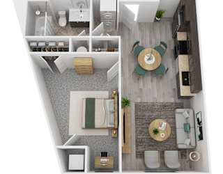 A1 floor plan showing a kitchen, living room, dining room, and bathroom.