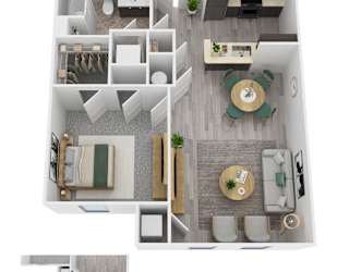 A4 floor plan showing a living room, dining room, kitchen, and two bedrooms.