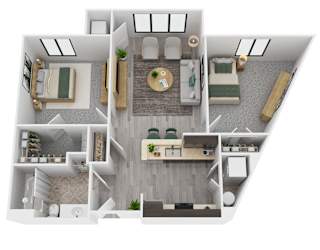 A 3D rendered image of a B1 floor plan.