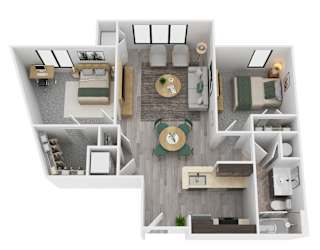 A floor plan of a room with a kitchen, living room, and two bedrooms.