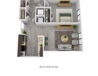 A 3D floor plan of apartment B3 showing a kitchen, living room, dining room, and bedrooms.