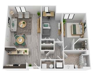 A floor plan of a B6 apartment with a living room, kitchen, and bedrooms.