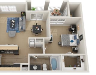 A top-down view of a small apartment with a kitchen, living room, and bathroom.