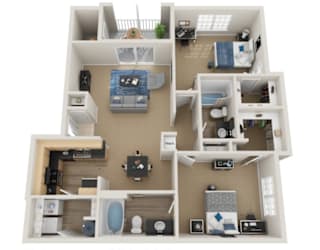A 3D floor plan of a small apartment with two bedrooms, a living room, and a kitchen.