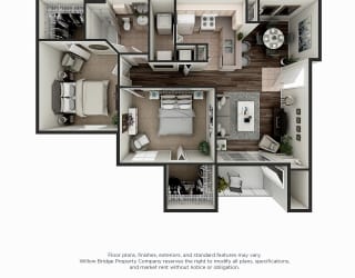 Mansfield 2 BR 1 BA 3D Floor Plan
