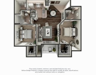 South Hampton 2 BR 2 BA 3D Floor Plan