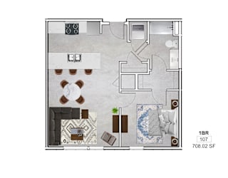 A floor plan of a 1 bedroom apartment with 107 square feet.