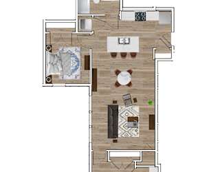 A floor plan of a house with a living room, dining room, kitchen, and two bedrooms.