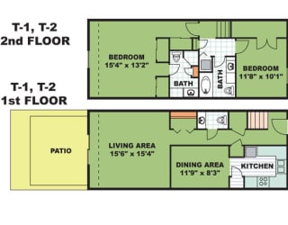 Floor Plan Two Bed Two and a Half Bath Townhome (T2)