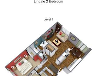 A 3D floor plan of a two bedroom apartment.