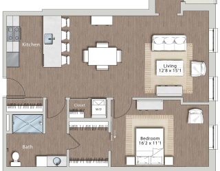 a floor plan of a house with a bedroom and a living room  at Sono Central Residential, Norwalk, CT