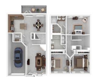 a floor plan of a house with 2 bedrooms and a garage