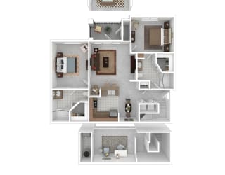 a 3d floor plan of a house with bedrooms and a living room