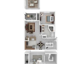 a floor plan of a house with furniture and a balcony