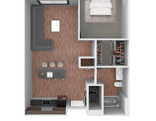 A 3D rendered image of a small apartment layout.