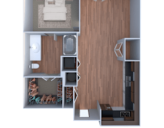 A 3D floor plan of a small apartment with a living room, kitchen, and bedroom.