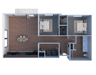 A 3D rendered image of a house layout with a brown carpeted living room.