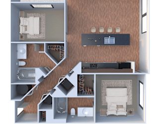 A 3D floor plan of a small apartment with a kitchen, living room, and bedroom.